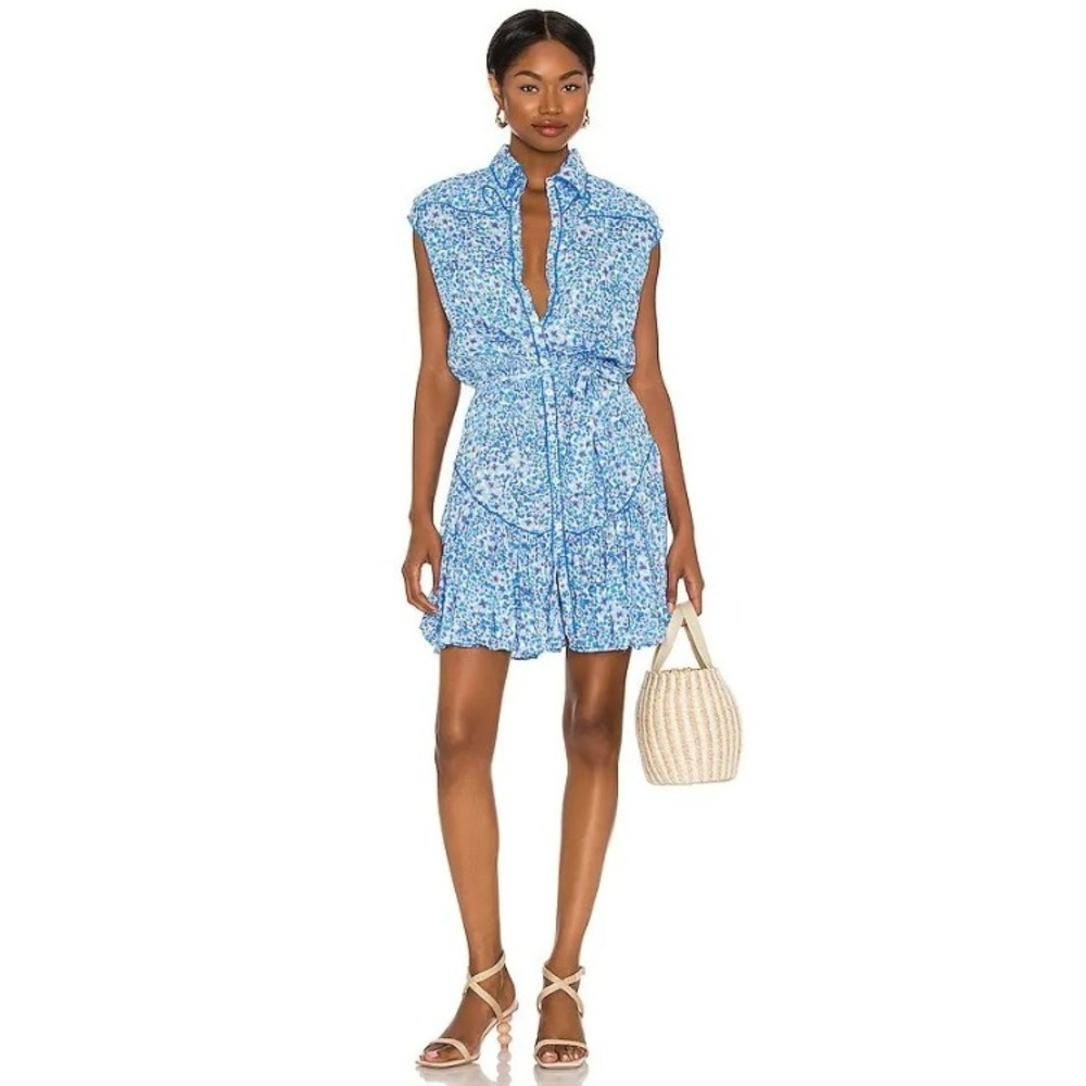 POUPETTE ST BARTH Margo Floral Smocked Mini Dress Blue Hortensia Sz L